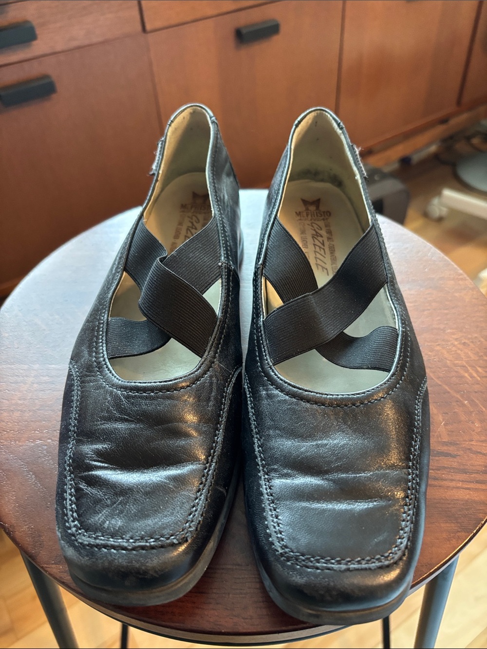 Mephisto Black Leather Slip-On Flats with Elastic Cross Bands